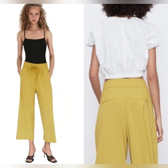 Zara Cropped Loose-fitting Trousers With Tie Elastic Waist In Mustard Size S - Picture 1 of 16
